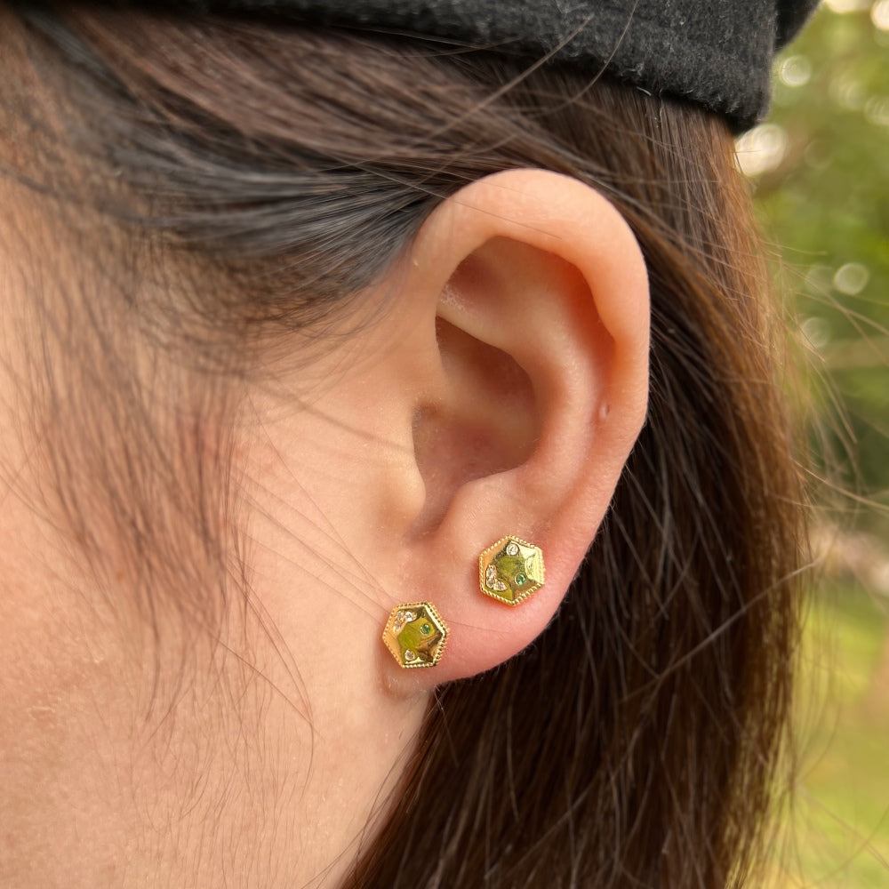 Silver Zircon Round Cut Hexagon Ear Studs