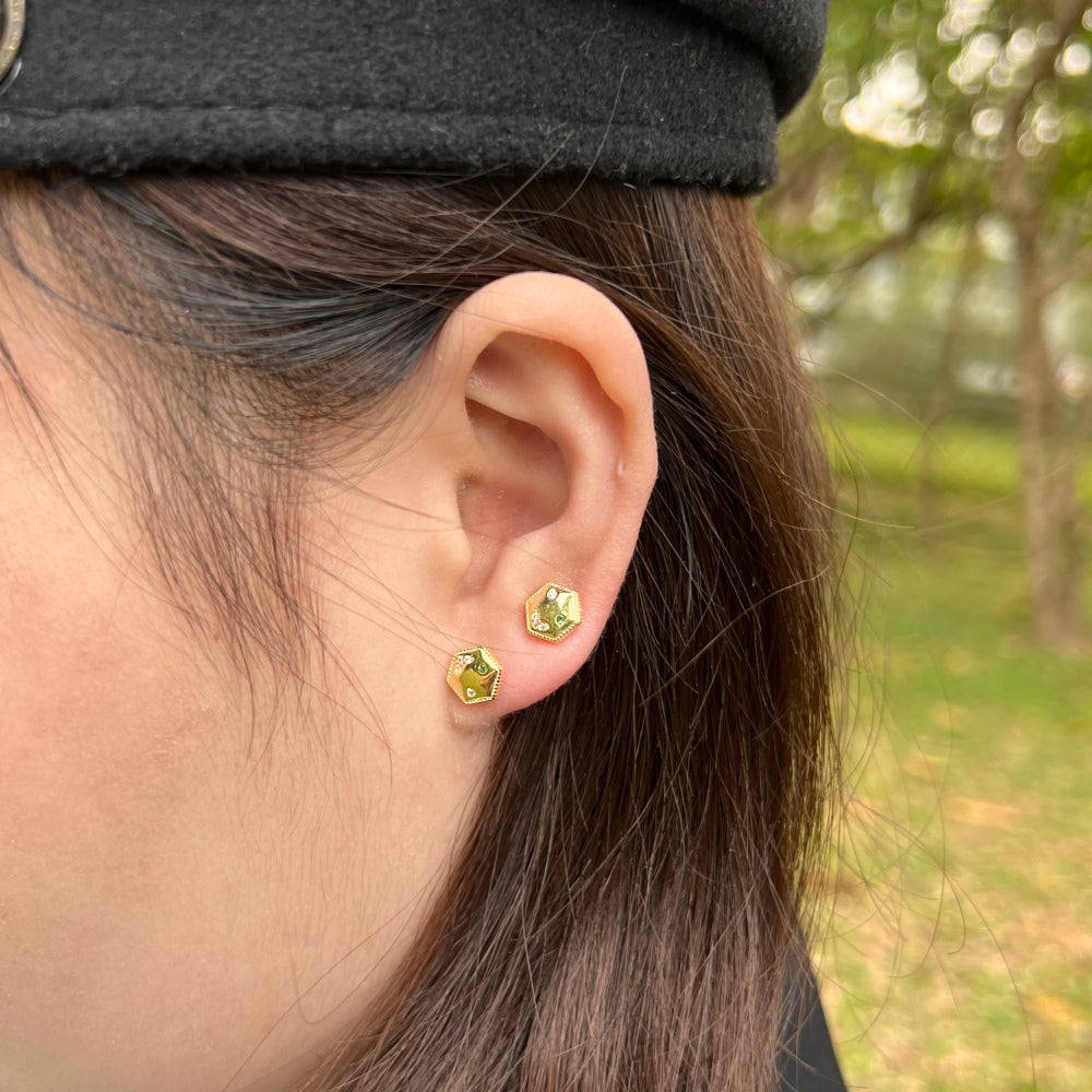Silver Zircon Round Cut Hexagon Ear Studs