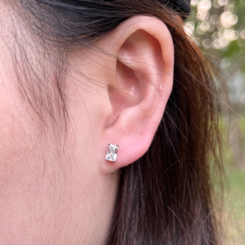 Silver Zircon Radiant Cut Cubic Ear Studs