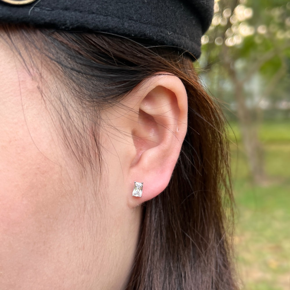 Silver Zircon Radiant Cut Cubic Ear Studs