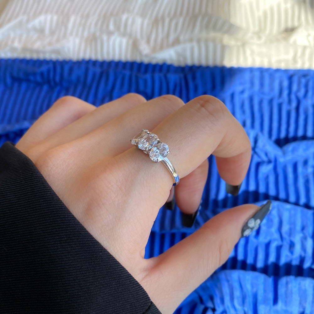 Silver Zircon Oval Cut Inlaid Three Stone Ring