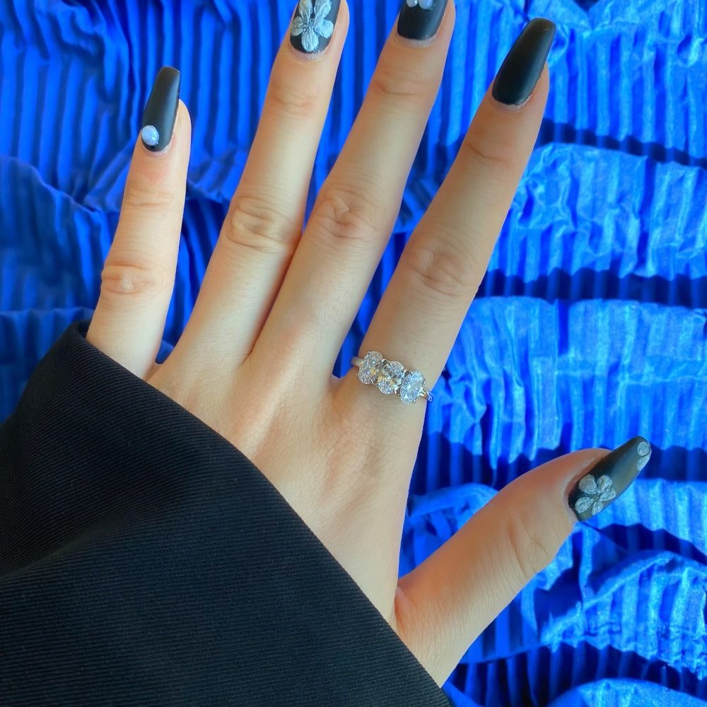 Silver Zircon Oval Cut Inlaid Three Stone Ring