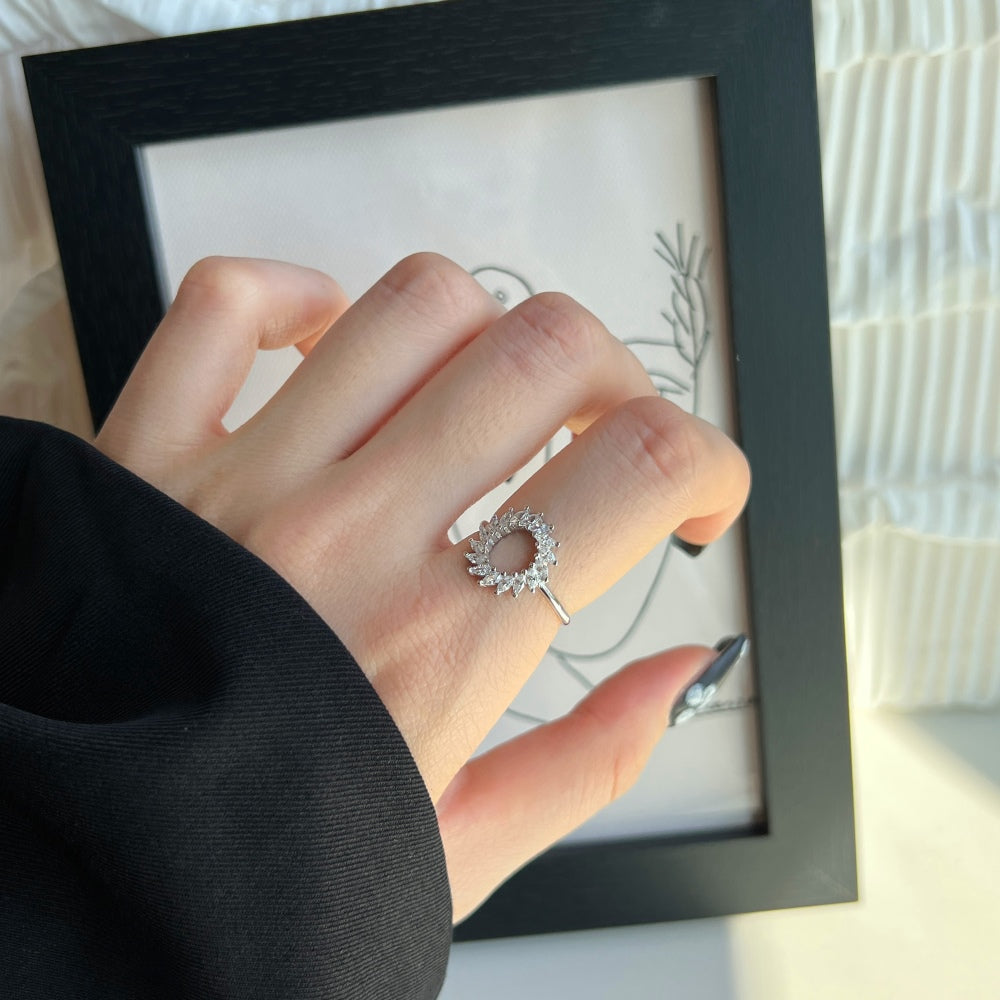 Silver Zircon Marquise Cut Halo Sunflower Dainty Ring