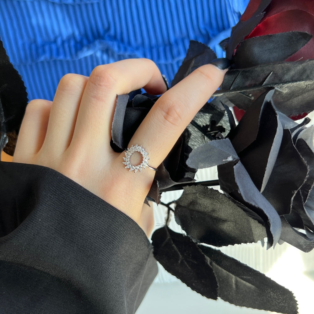 Silver Zircon Marquise Cut Halo Sunflower Dainty Ring