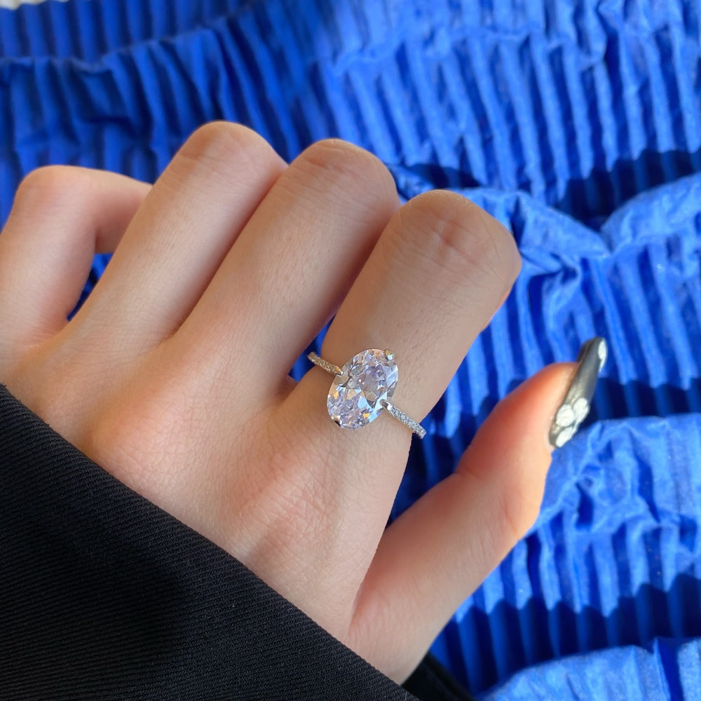 Silver Zircon Oval Cut Big Inlaid Layered Solitaire Ring