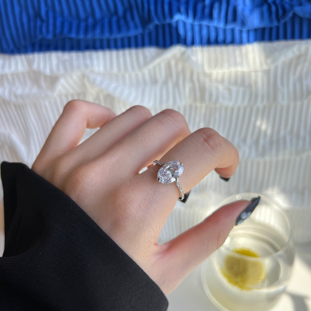 Silver Zircon Oval Cut Big Inlaid Layered Solitaire Ring