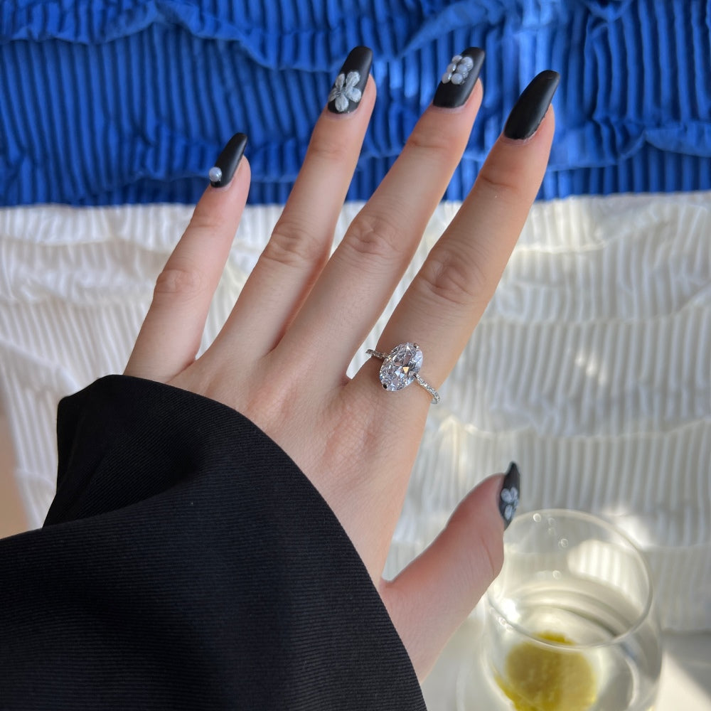 Silver Zircon Oval Cut Big Inlaid Layered Solitaire Ring