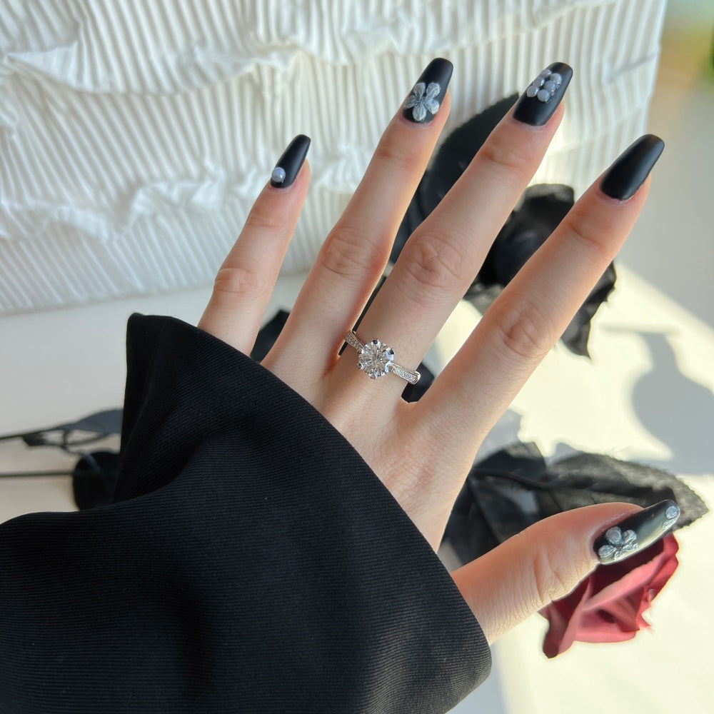 Silver Zircon Round Cut Inlaid Layered Flower Solitaire Ring