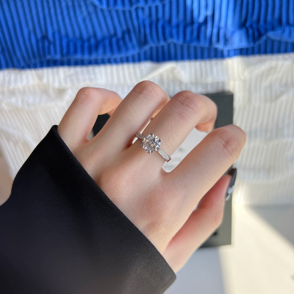 Silver Zircon Round Cut Inlaid Layered Flower Solitaire Ring