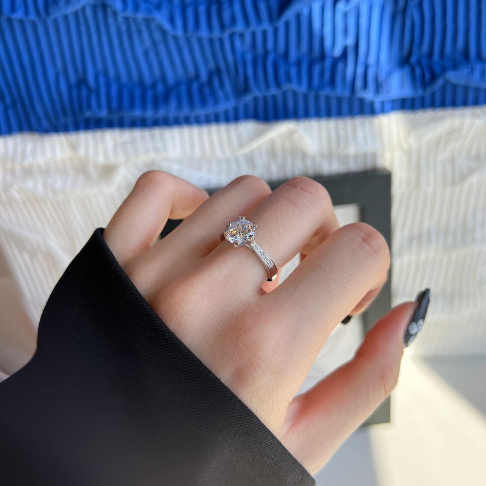 Silver Zircon Round Cut Inlaid Layered Flower Solitaire Ring