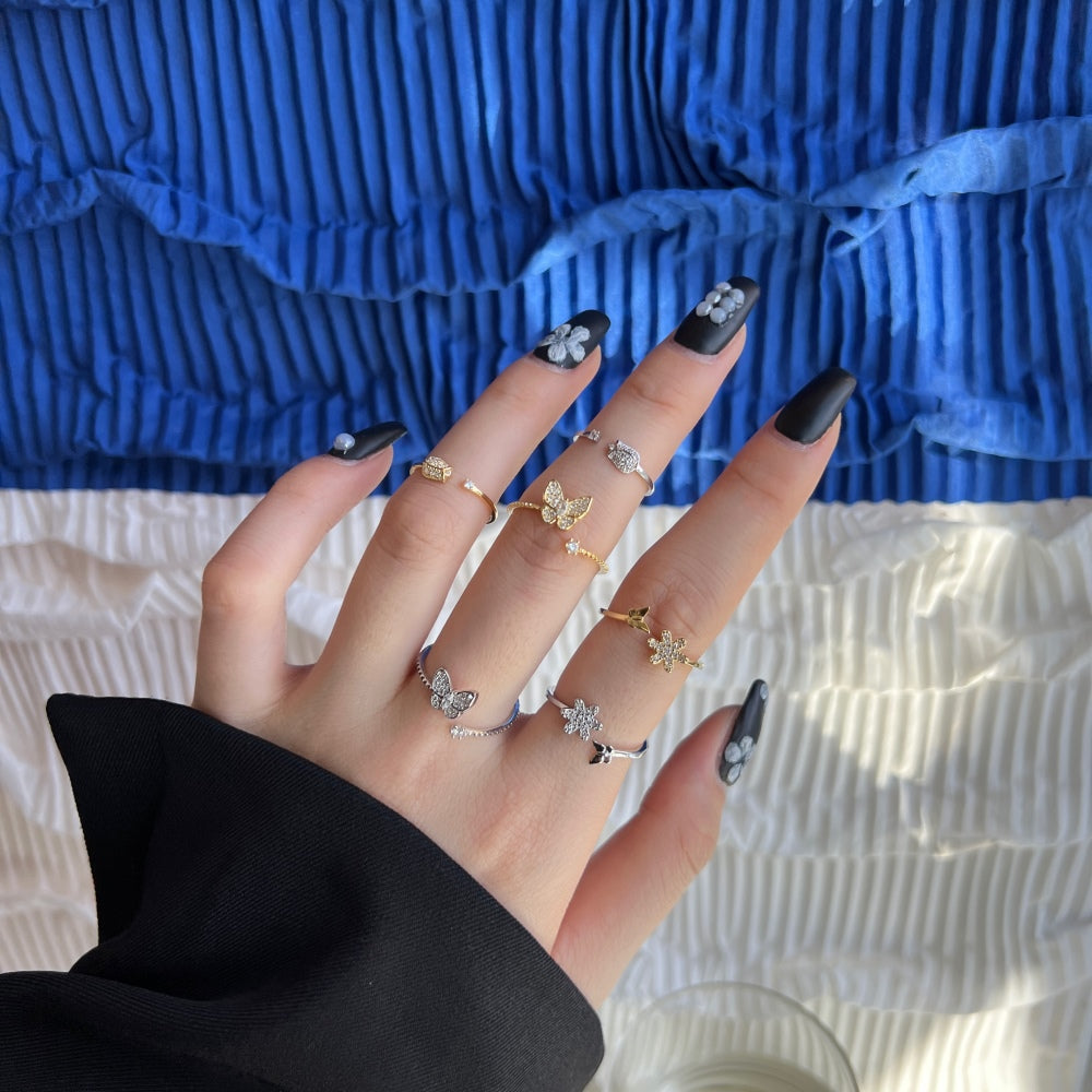 Silver Zircon Round Cut Open Flower & Butterfly Bypass Ring