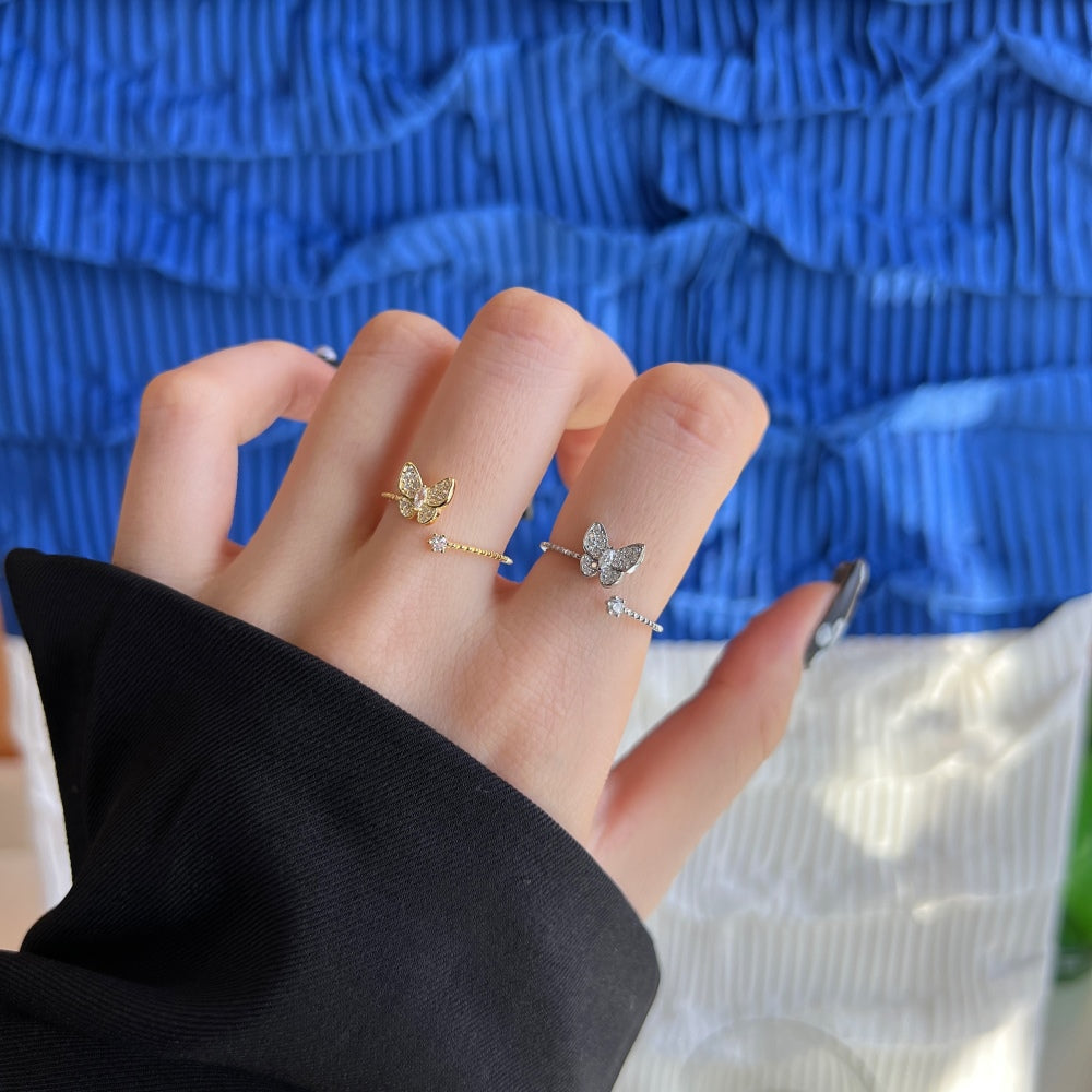 Silver Zircon Round Cut Open Butterfly Bypass Ring