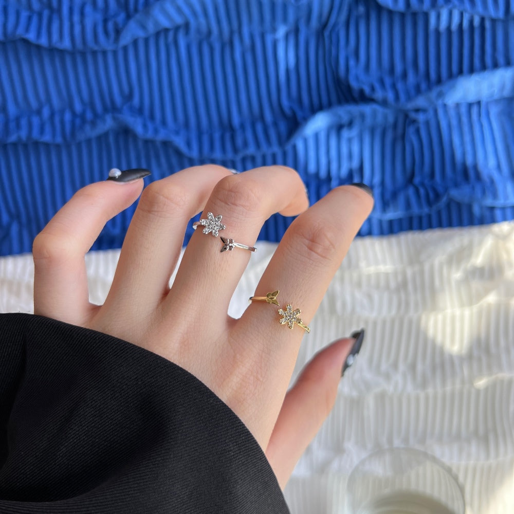 Silver Zircon Round Cut Open Flower & Butterfly Bypass Ring