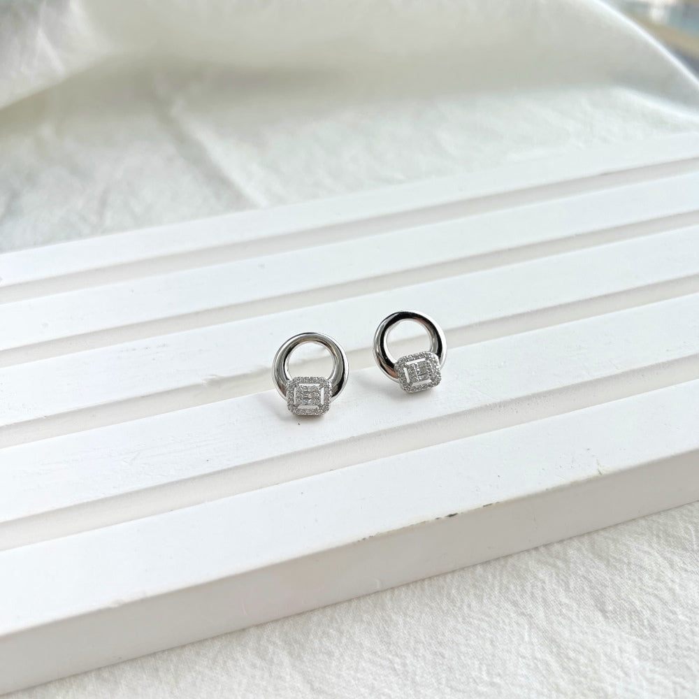 Silver Zircon Baguette Cut Hollow Disc Ear Studs