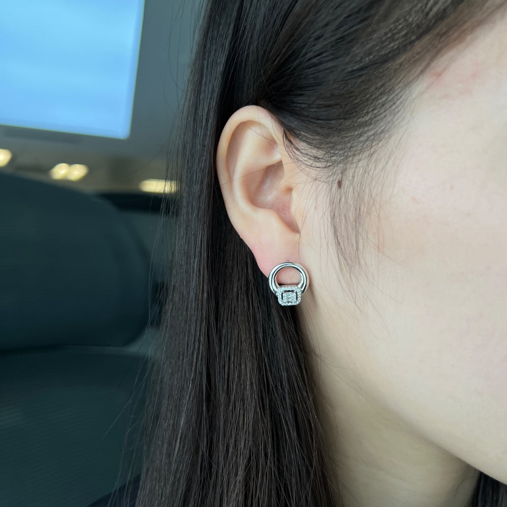 Silver Zircon Baguette Cut Hollow Disc Ear Studs