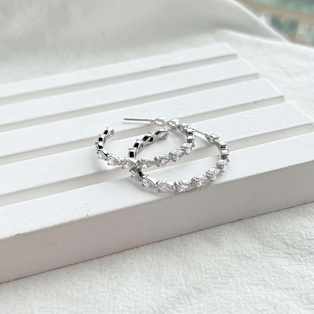 Silver Zircon Pear Cut Hook Inlaid Ear Hoops