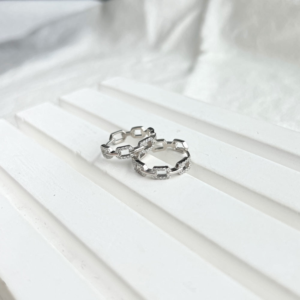 Silver Zircon Round Cut Chain Ear Hoops