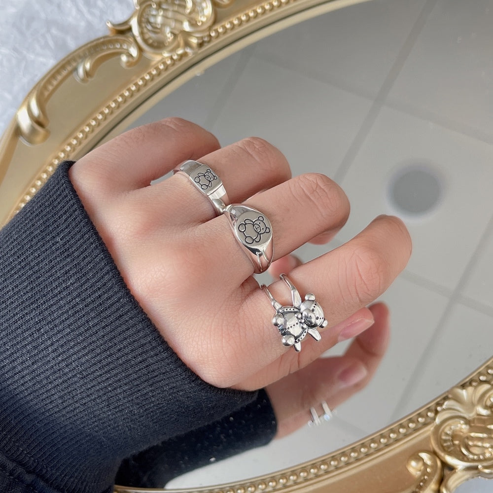 Silver Squared Bear Dainty Ring