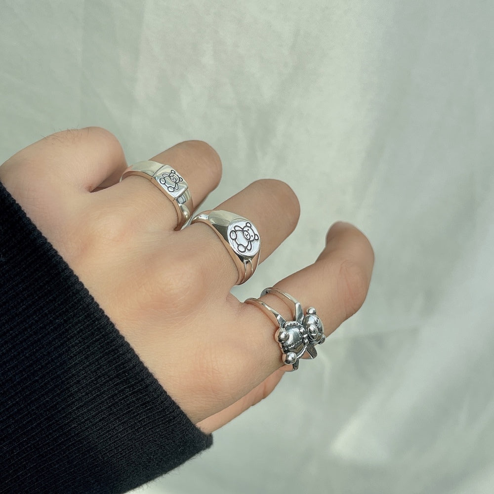 Silver Squared Bear Dainty Ring