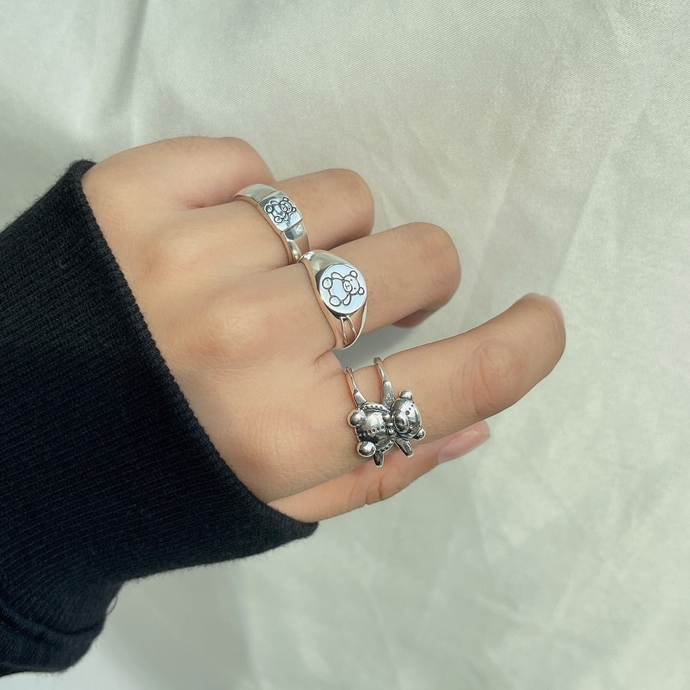 Silver Squared Bear Dainty Ring