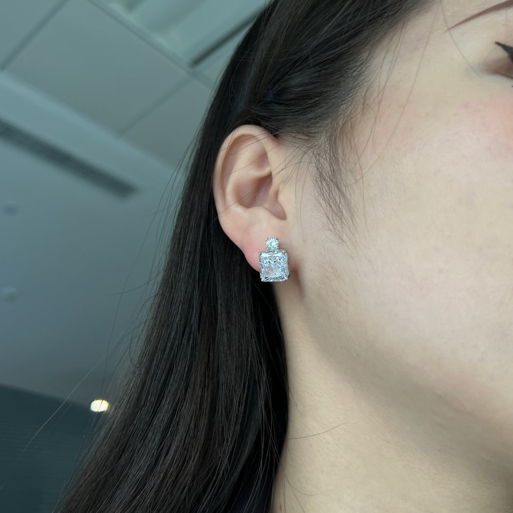 Silver Zircon Radiant Cut Stacked Squared Ear Studs