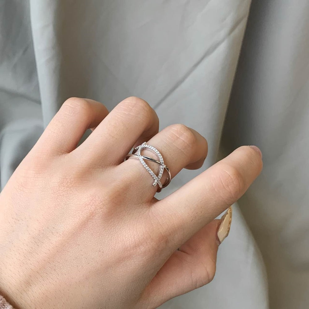Silver Zircon Round Cut Solid Open Twisted Crossover Ring