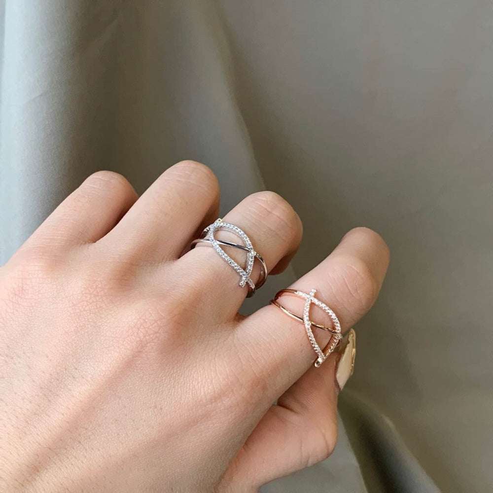 Silver Zircon Round Cut Solid Open Twisted Crossover Ring