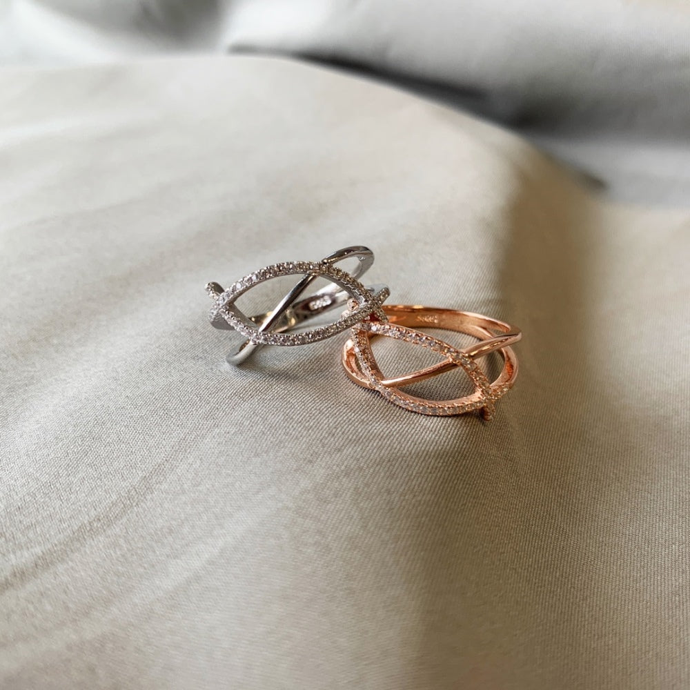 Silver Zircon Round Cut Solid Open Twisted Crossover Ring