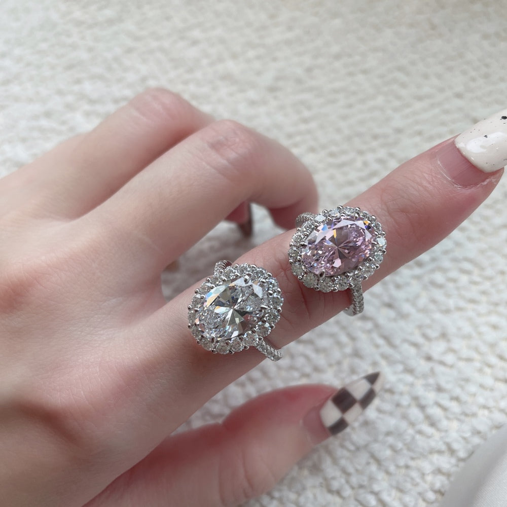 Silver Zircon Oval Cut Iced Wrapped Halo Ring