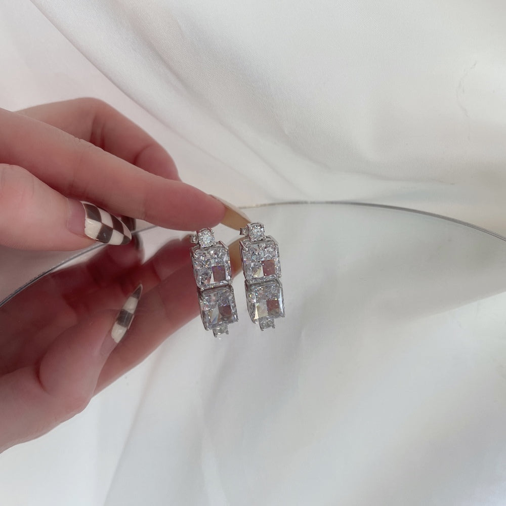 Silver Zircon Radiant Cut Stacked Squared Ear Studs