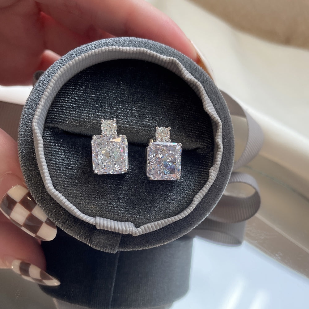 Silver Zircon Radiant Cut Stacked Squared Ear Studs