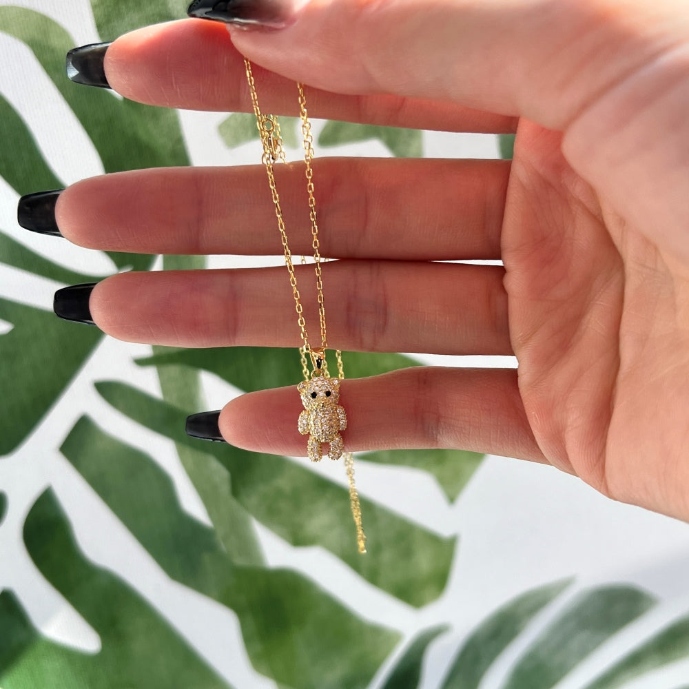 Silver Zircon Round Cut Iced Bear Pendant Necklace