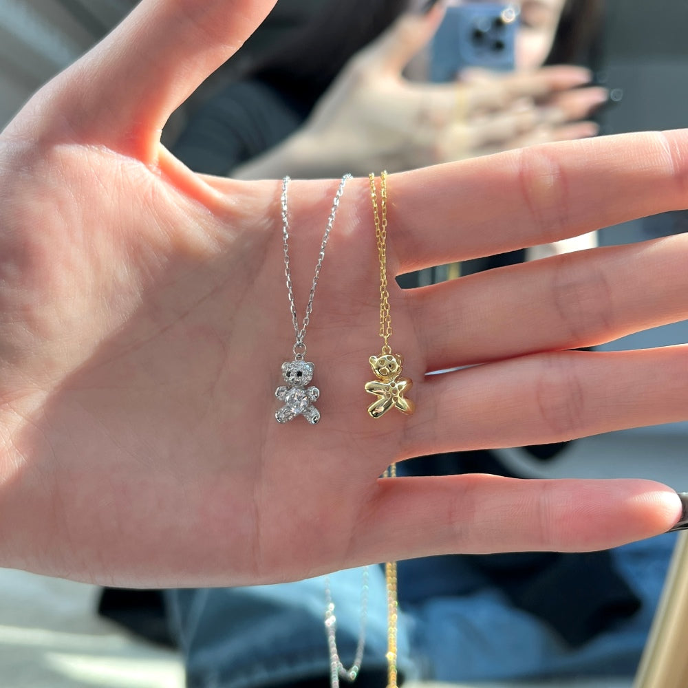 Silver Zircon Round Cut Bear Pendant Necklace