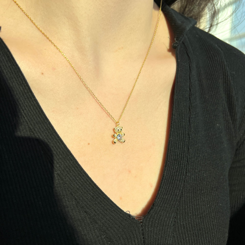 Silver Zircon Round Cut Bear Pendant Necklace