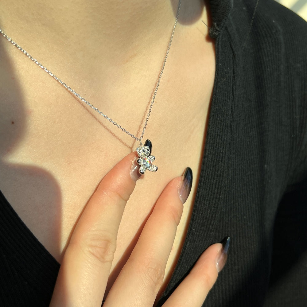 Silver Zircon Round Cut Bear Pendant Necklace
