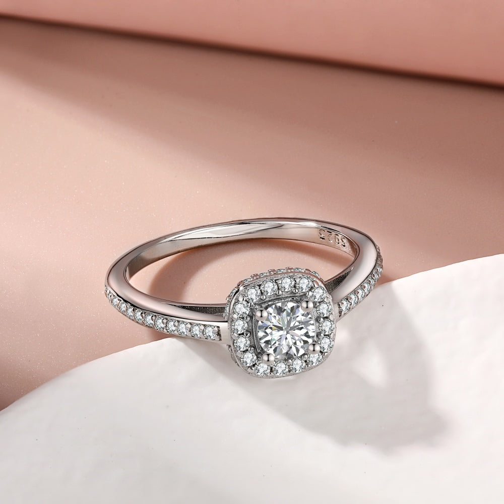 Silver Zircon Cushion Square Cut Iced Halo Ring