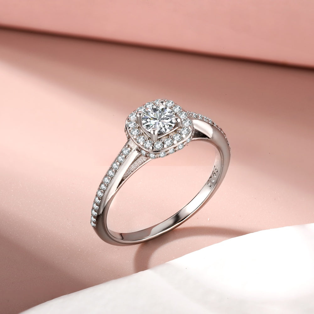 Silver Zircon Cushion Square Cut Iced Halo Ring