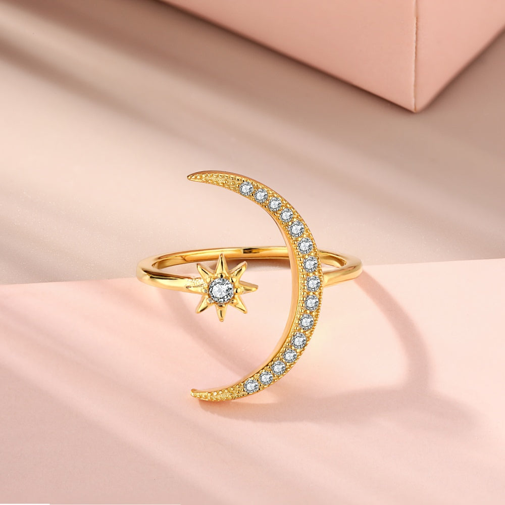 Silver Zircon Round Cut Open Crescent Bypass Ring