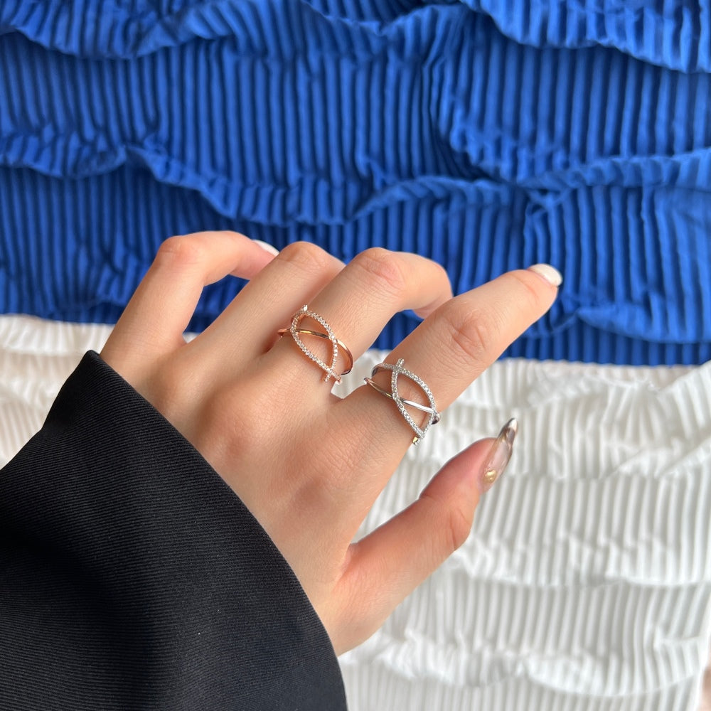 Silver Zircon Round Cut Solid Open Twisted Crossover Ring