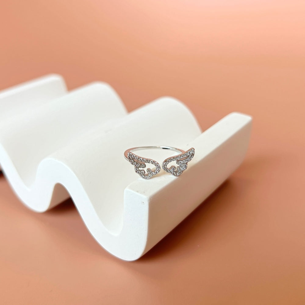 Silver Zircon Round Cut Open Wings Bypass Ring