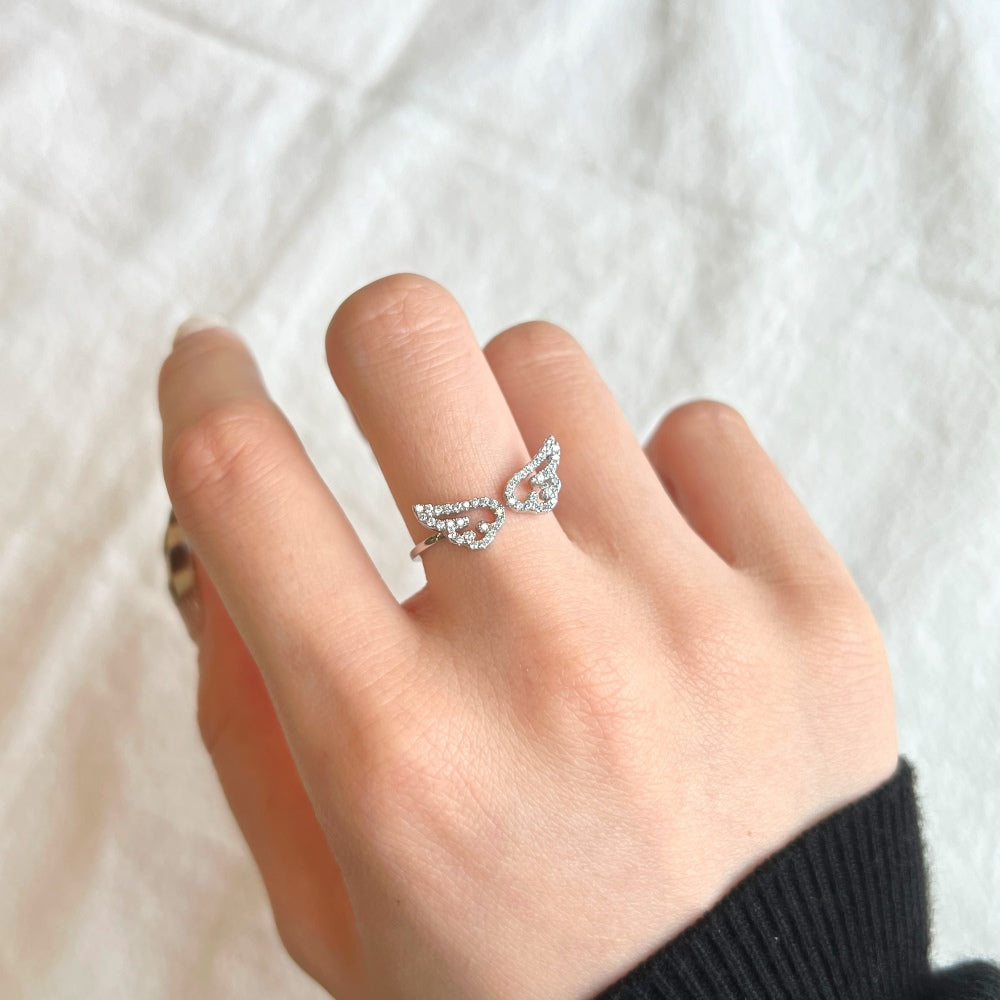 Silver Zircon Round Cut Open Wings Bypass Ring