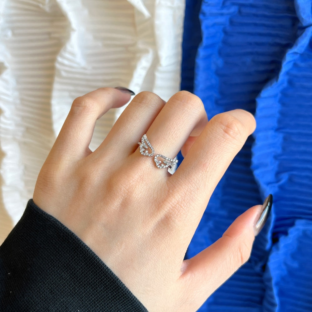 Silver Zircon Round Cut Open Wings Bypass Ring