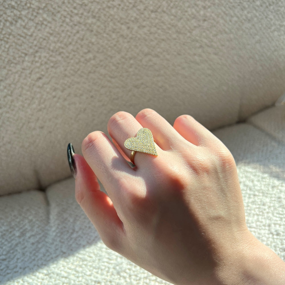 Silver Zircon Round Cut Iced Heart Dainty Ring