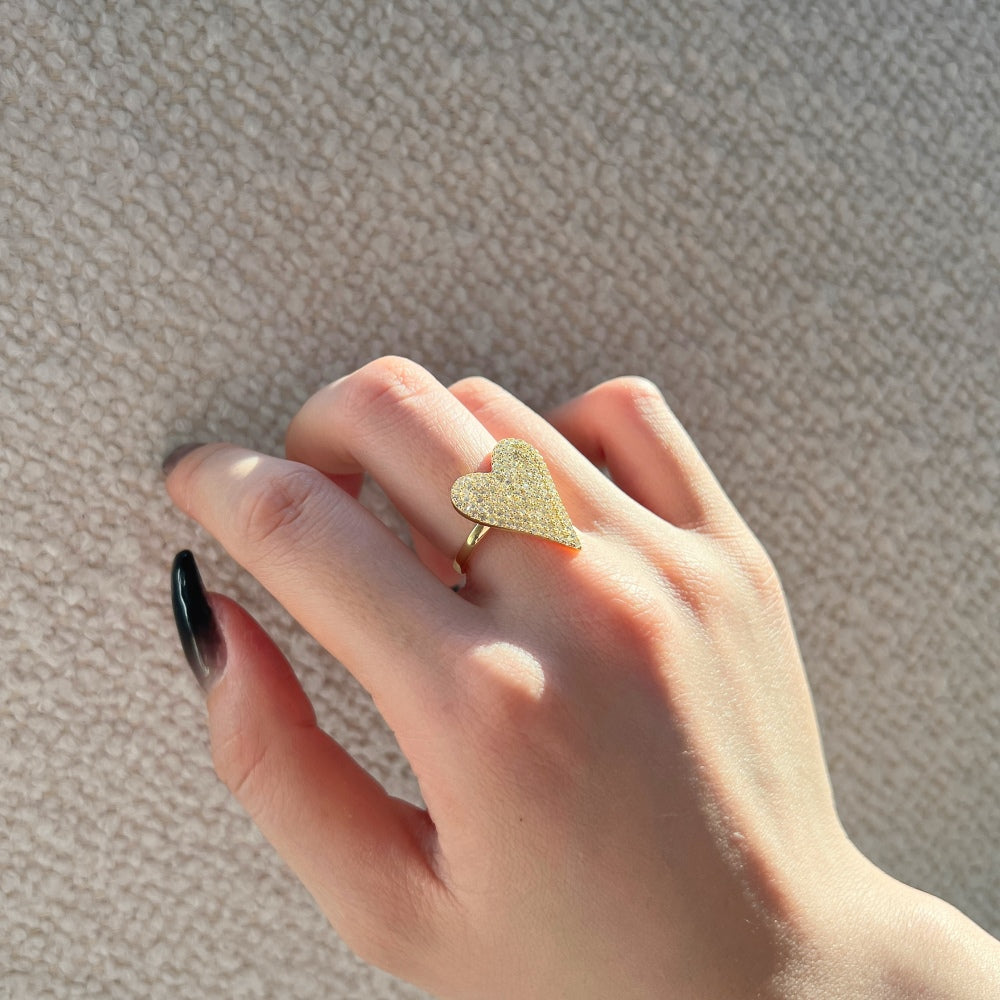 Silver Zircon Round Cut Iced Heart Dainty Ring