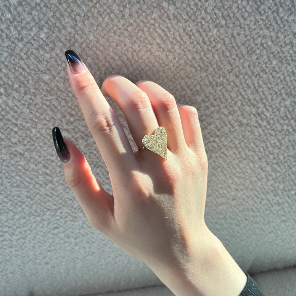 Silver Zircon Round Cut Iced Heart Dainty Ring