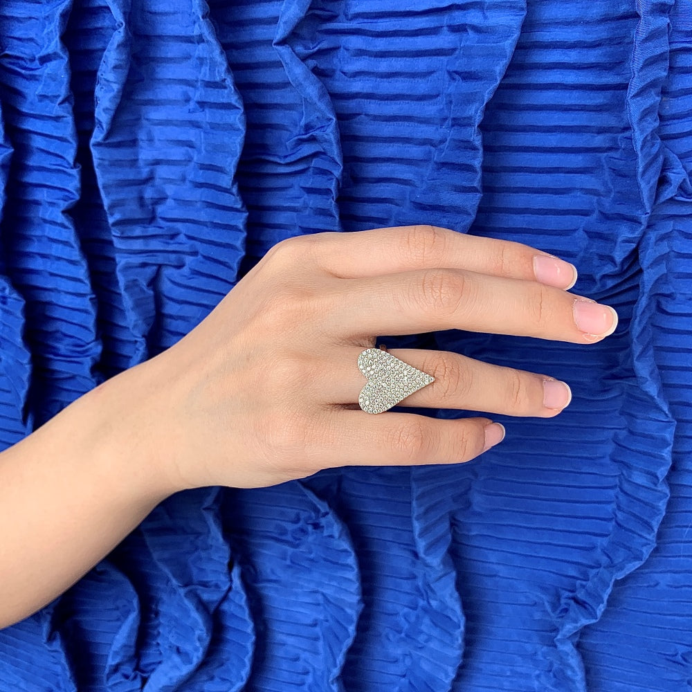 Silver Zircon Round Cut Iced Heart Dainty Ring