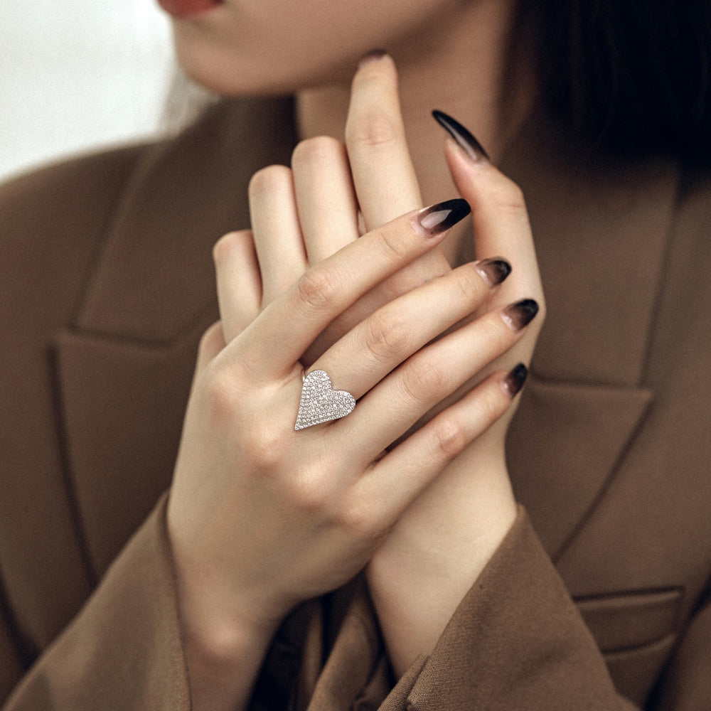 Silver Zircon Round Cut Iced Heart Dainty Ring