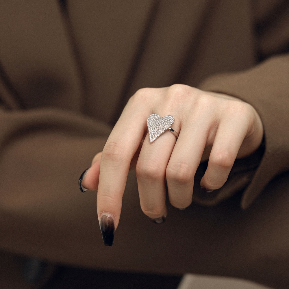 Silver Zircon Round Cut Iced Heart Dainty Ring