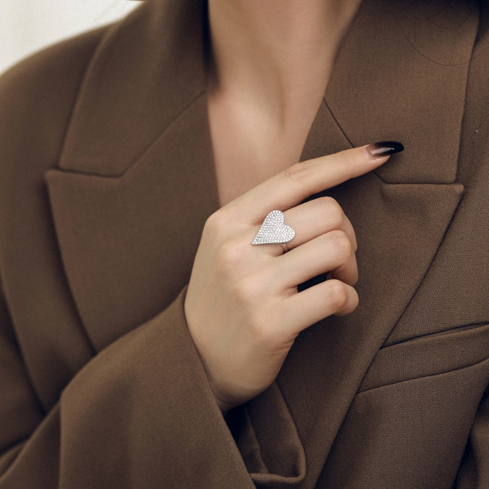 Silver Zircon Round Cut Iced Heart Dainty Ring