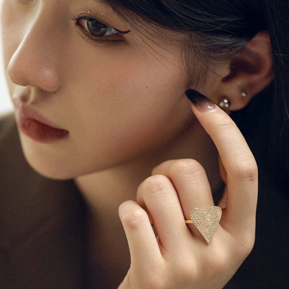 Silver Zircon Round Cut Iced Heart Dainty Ring